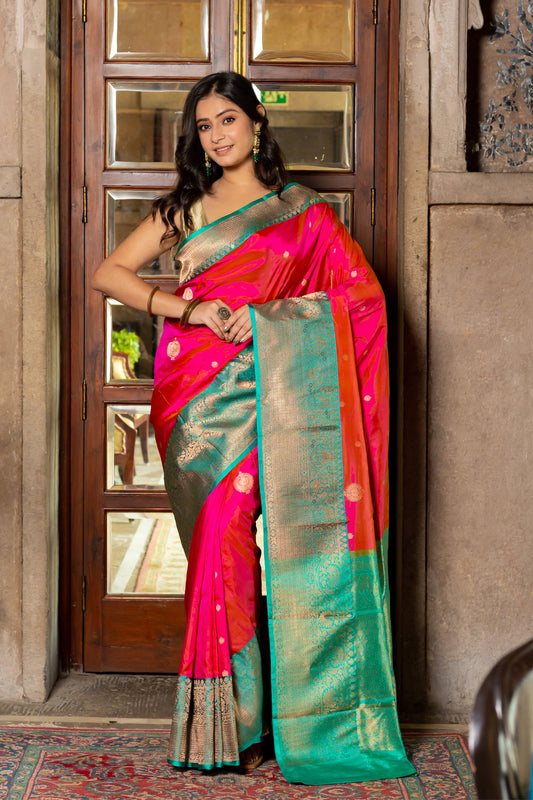 Pink Handwoven Kadwa Katan Silk Saree - Panaya