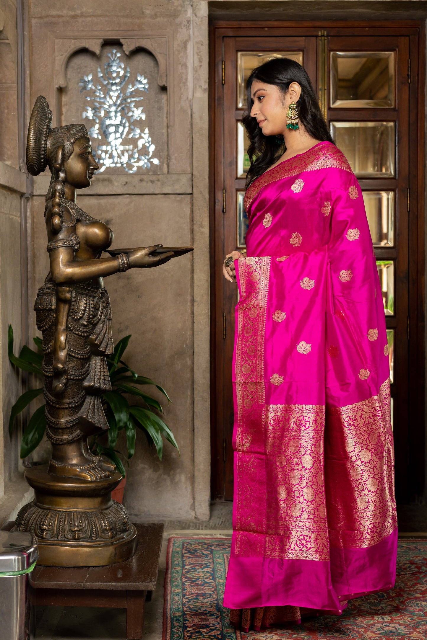 Rani Pink Handwoven Kadwa Katan Silk Saree - Panaya