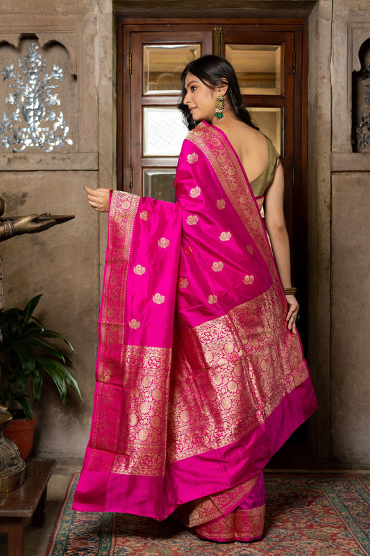 Rani Pink Handwoven Kadwa Katan Silk Saree - Panaya