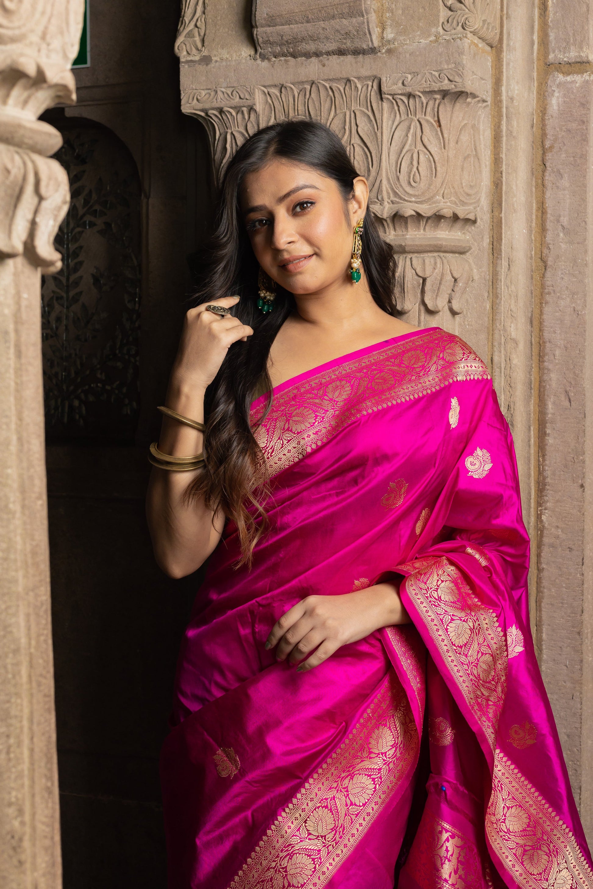 Rani Pink Handwoven Kadwa Katan Silk Saree - Panaya