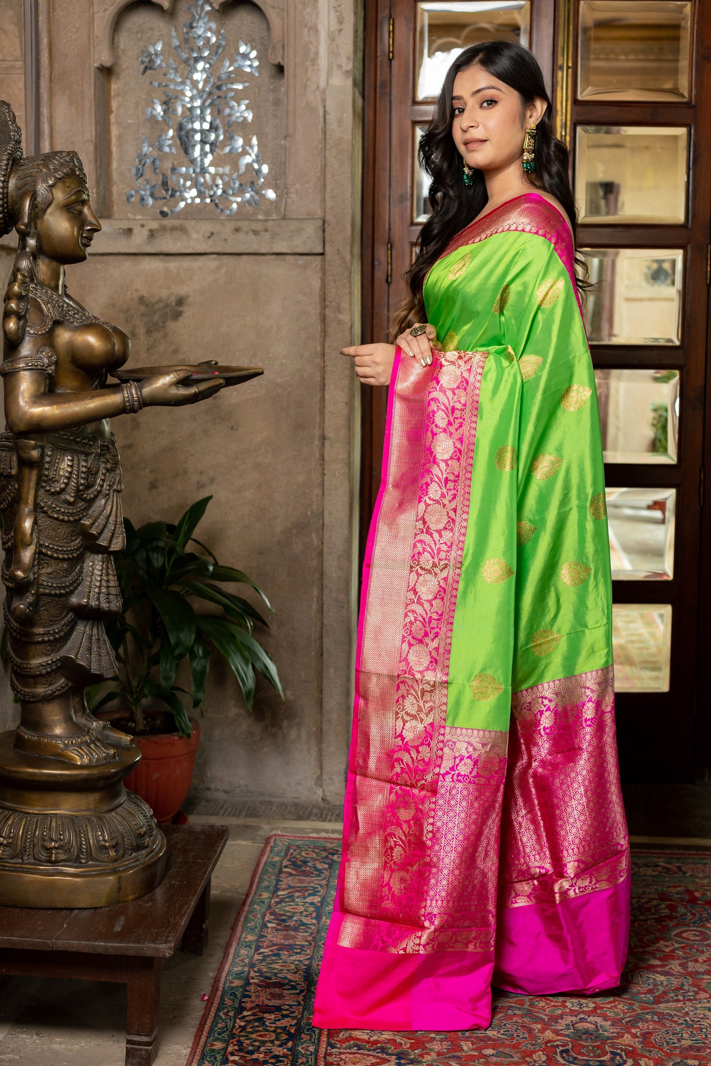 Parrot Green Handwoven Kadwa Katan Silk Saree