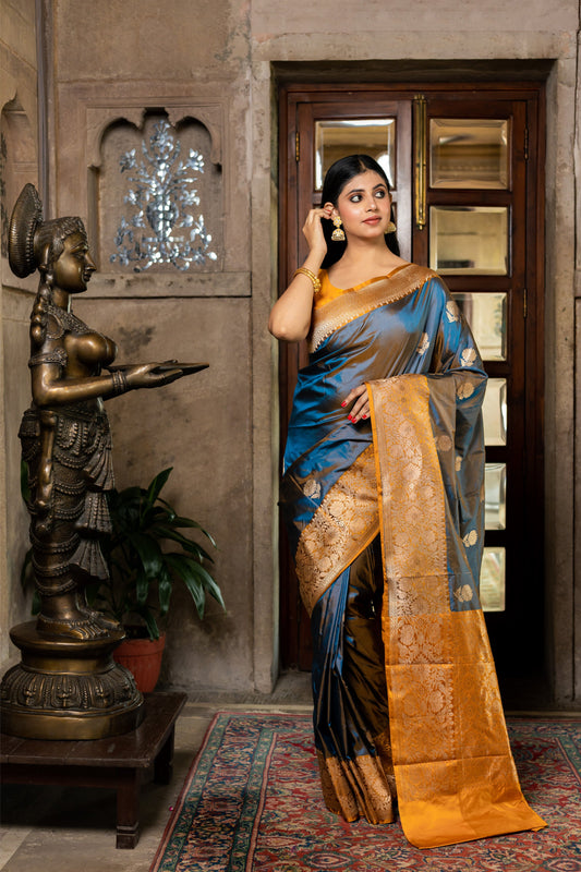 Teal Blue Handwoven Kadwa Katan Silk Saree - Panaya
