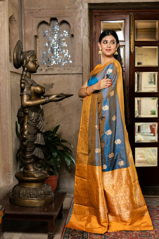 Teal Blue Handwoven Kadwa Katan Silk Saree - Panaya