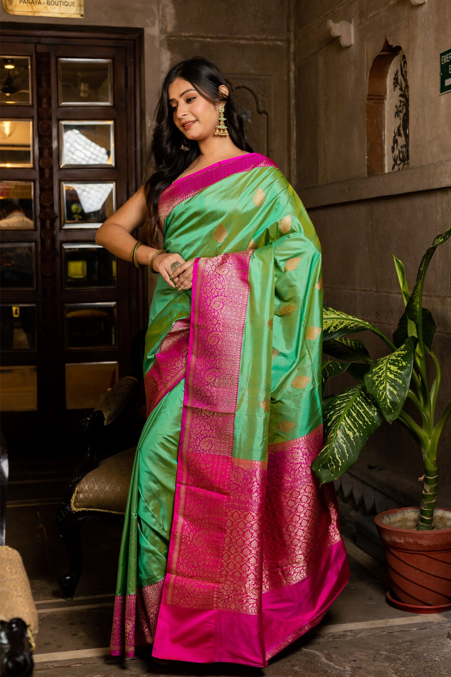 Mint Handwoven Kadwa Katan Silk Saree - Panaya