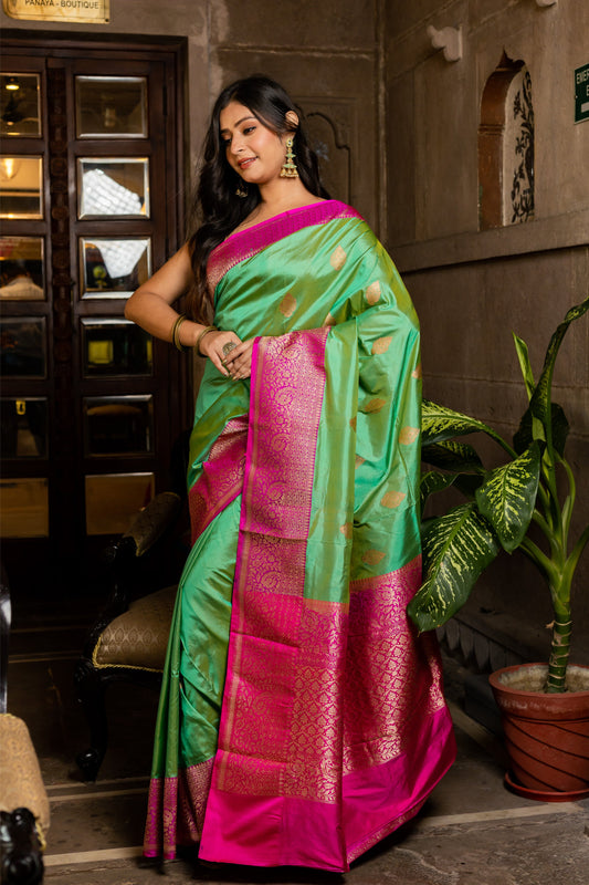 Mint Handwoven Kadwa Katan Silk Saree - Panaya