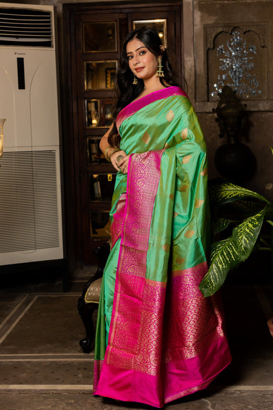 Mint Handwoven Kadwa Katan Silk Saree - Panaya
