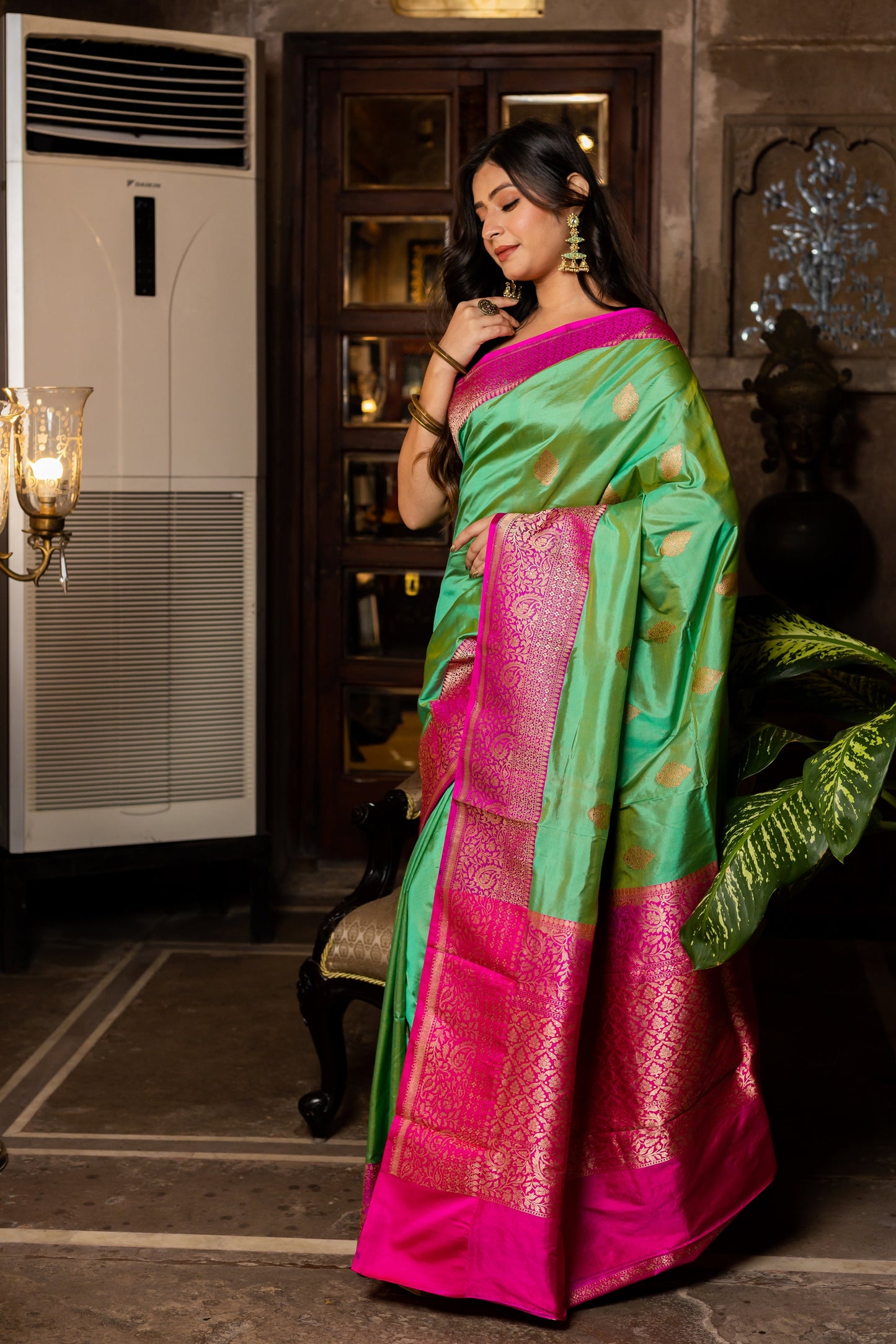 Mint Handwoven Kadwa Katan Silk Saree - Panaya