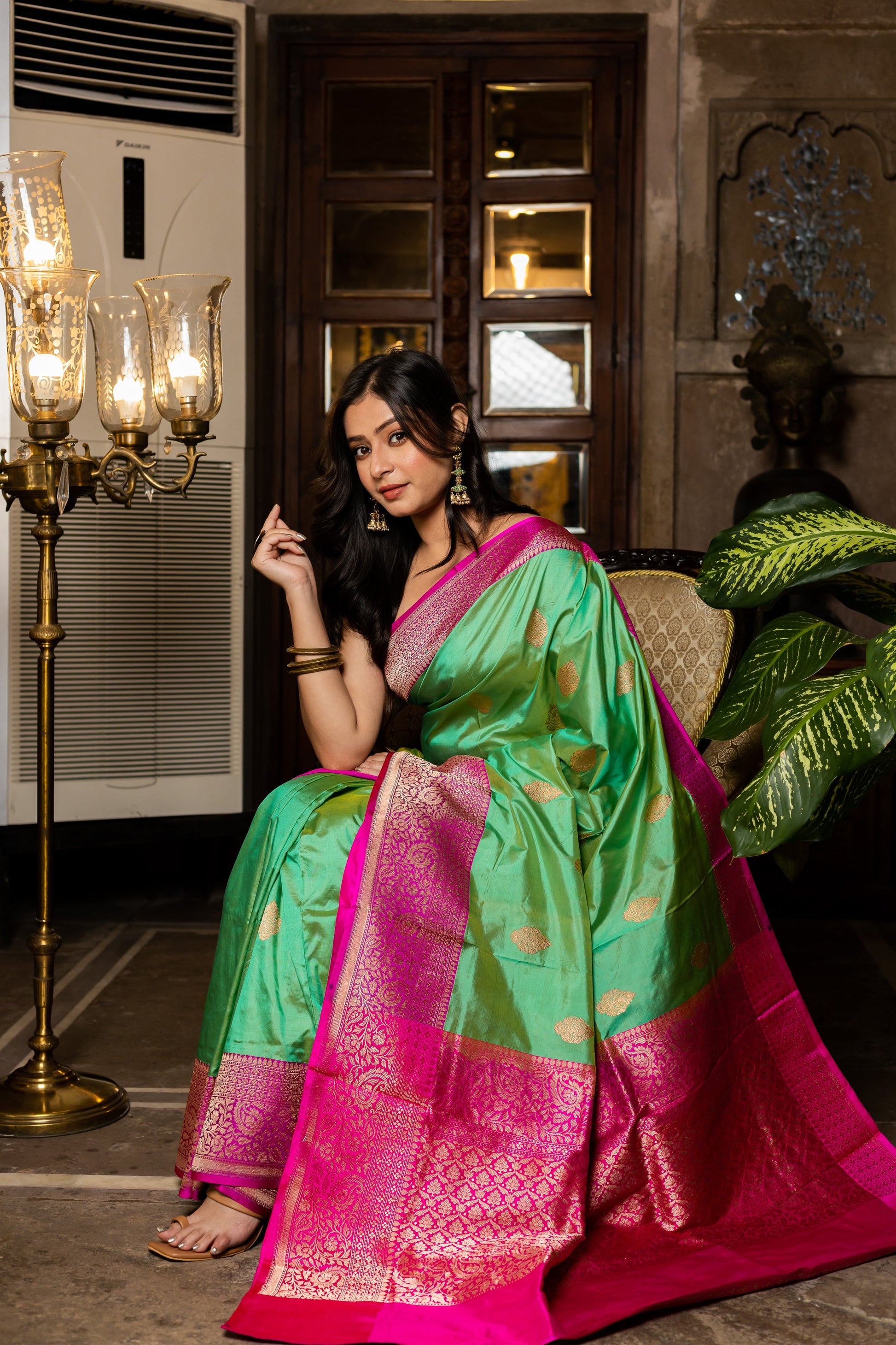 Mint Handwoven Kadwa Katan Silk Saree - Panaya