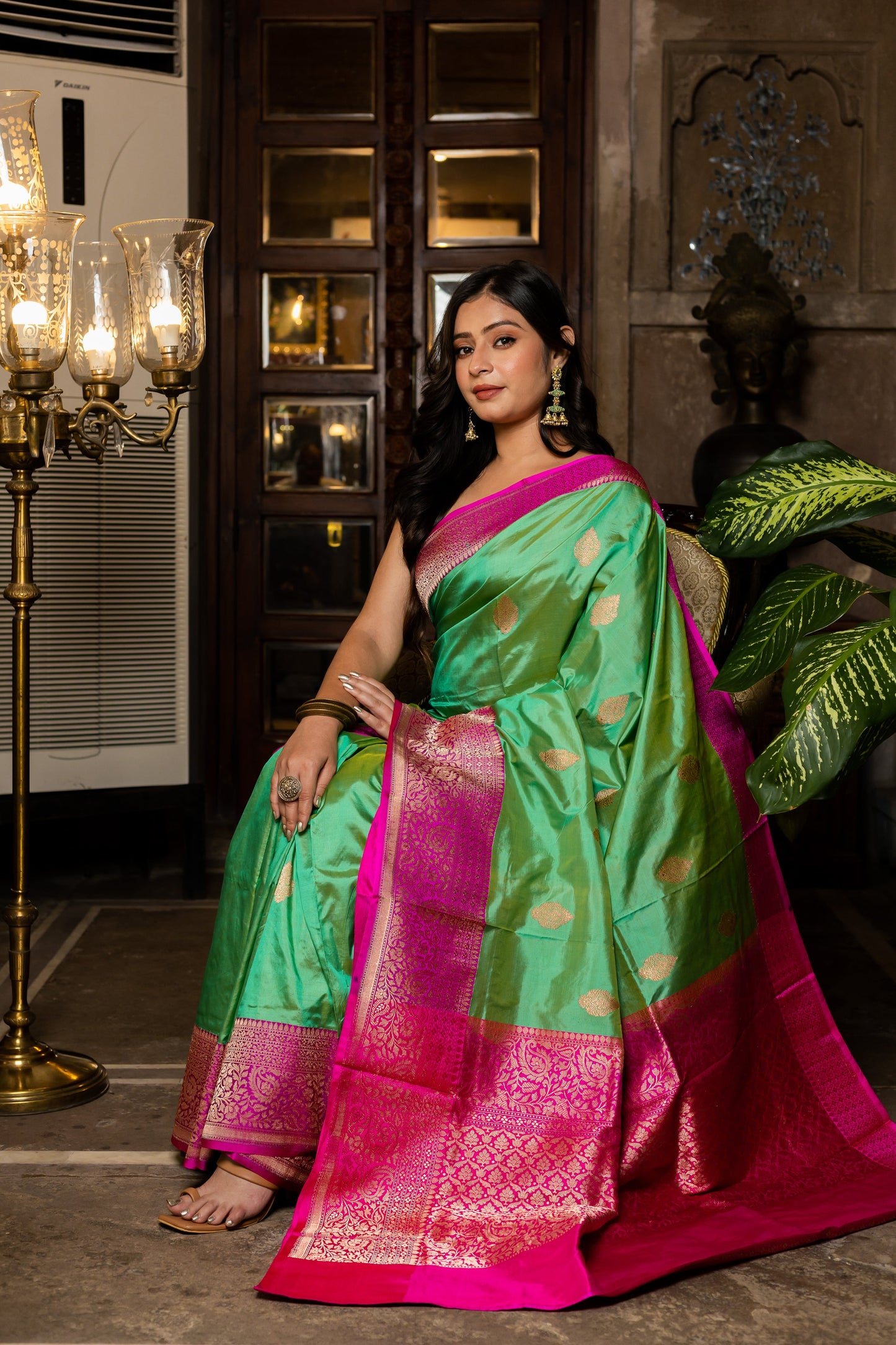Mint Handwoven Kadwa Katan Silk Saree - Panaya