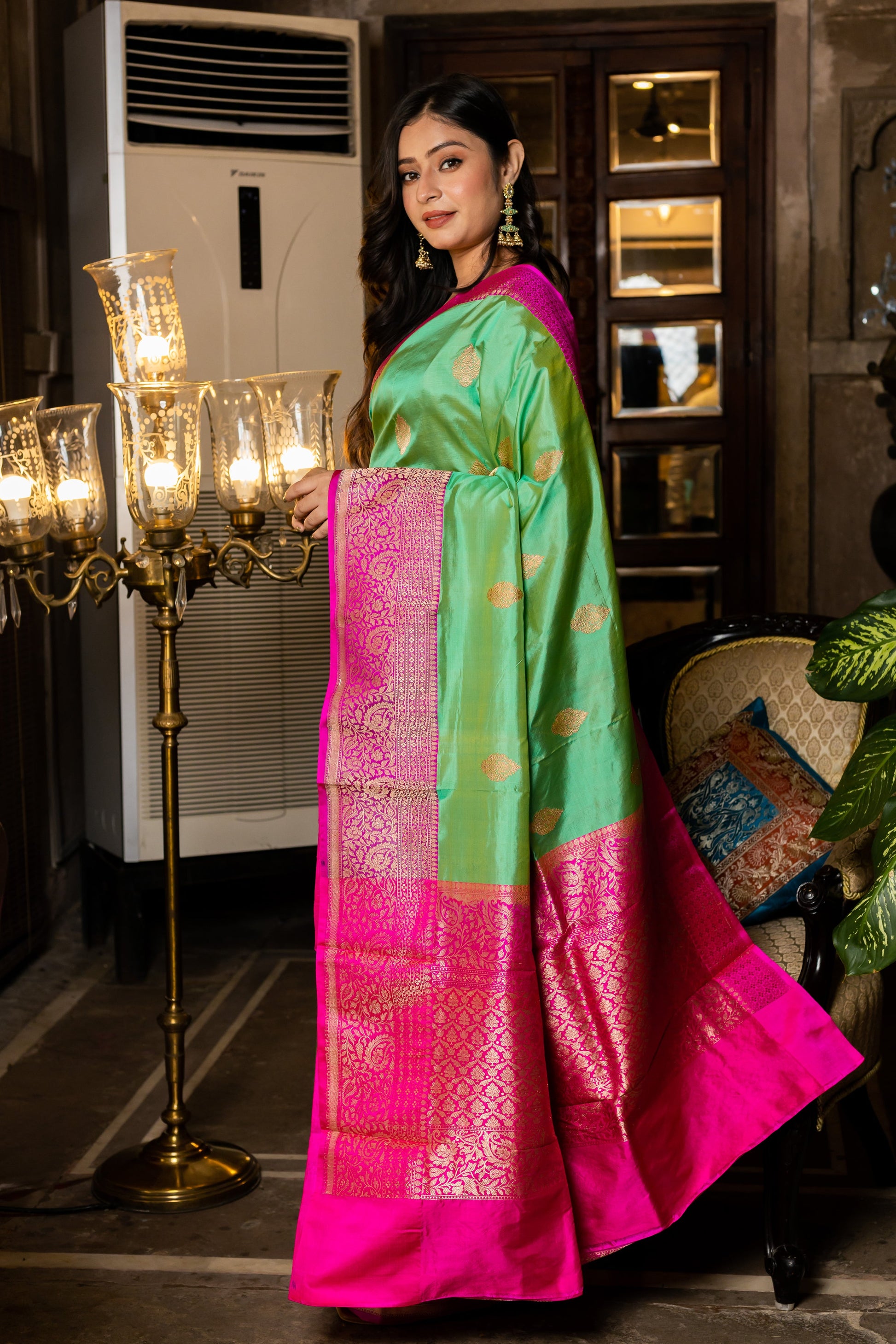 Mint Handwoven Kadwa Katan Silk Saree - Panaya