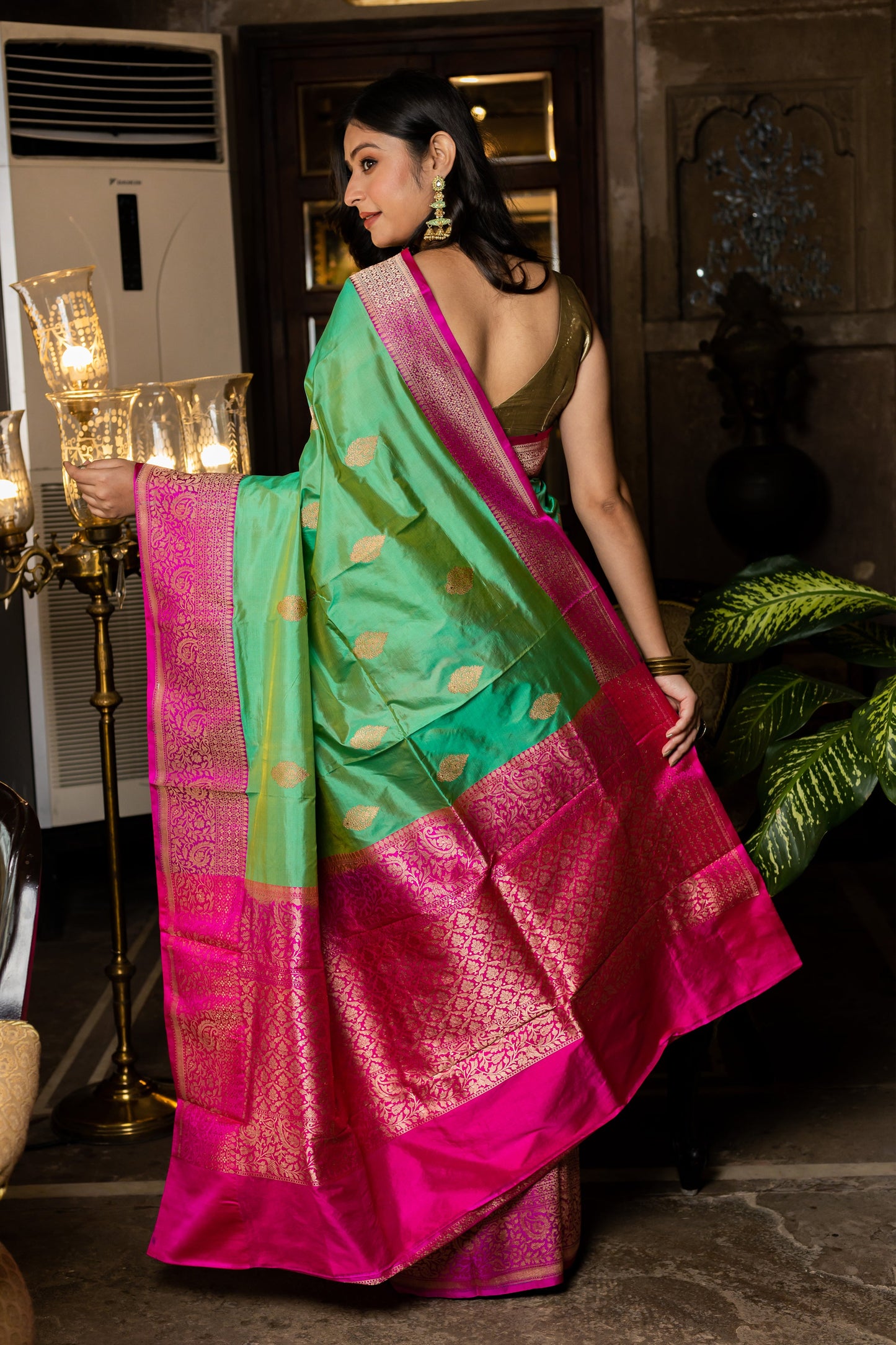 Mint Handwoven Kadwa Katan Silk Saree - Panaya