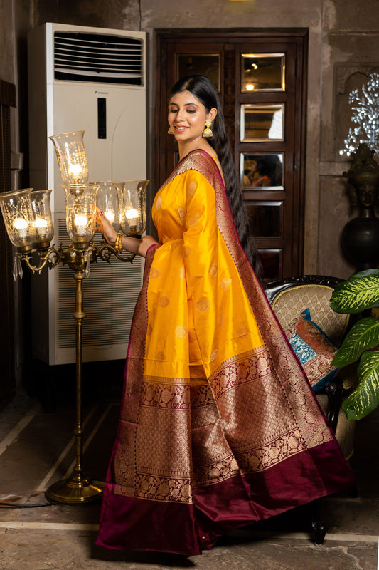 Mustard Handwoven Kadwa Katan Silk Saree - Panaya