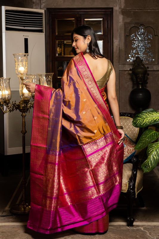 Brown Handwoven Kadwa Katan Silk Saree - Panaya