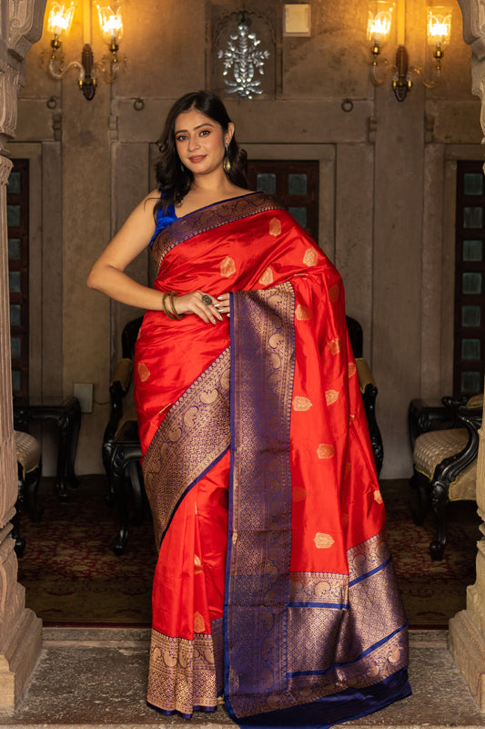 Red Handwoven Kadwa Katan Silk Saree - Panaya