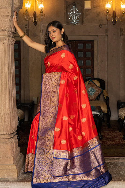 Red Handwoven Kadwa Katan Silk Saree - Panaya