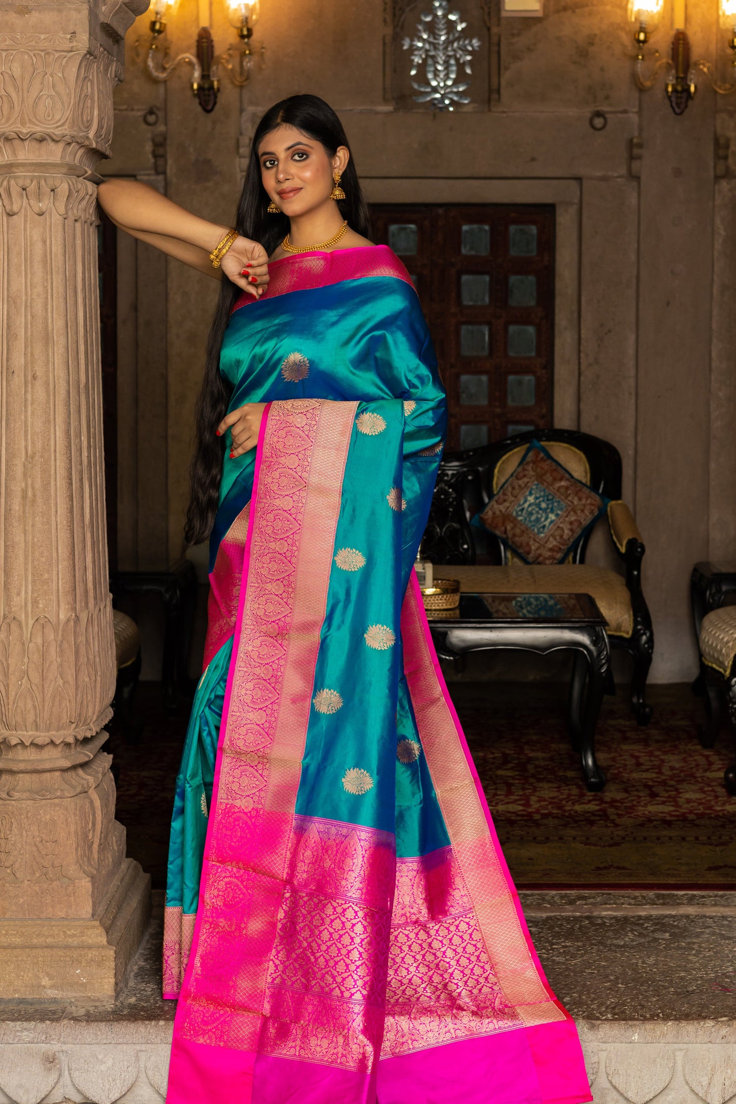 Teal Blue Handwoven Kadwa Katan Silk Saree - Panaya