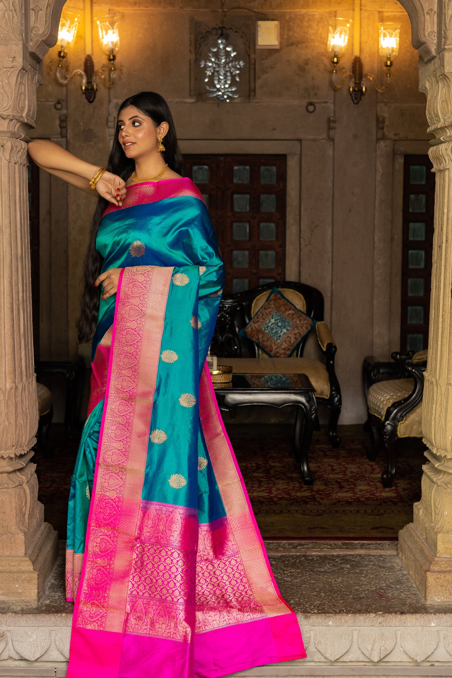 Teal Blue Handwoven Kadwa Katan Silk Saree - Panaya