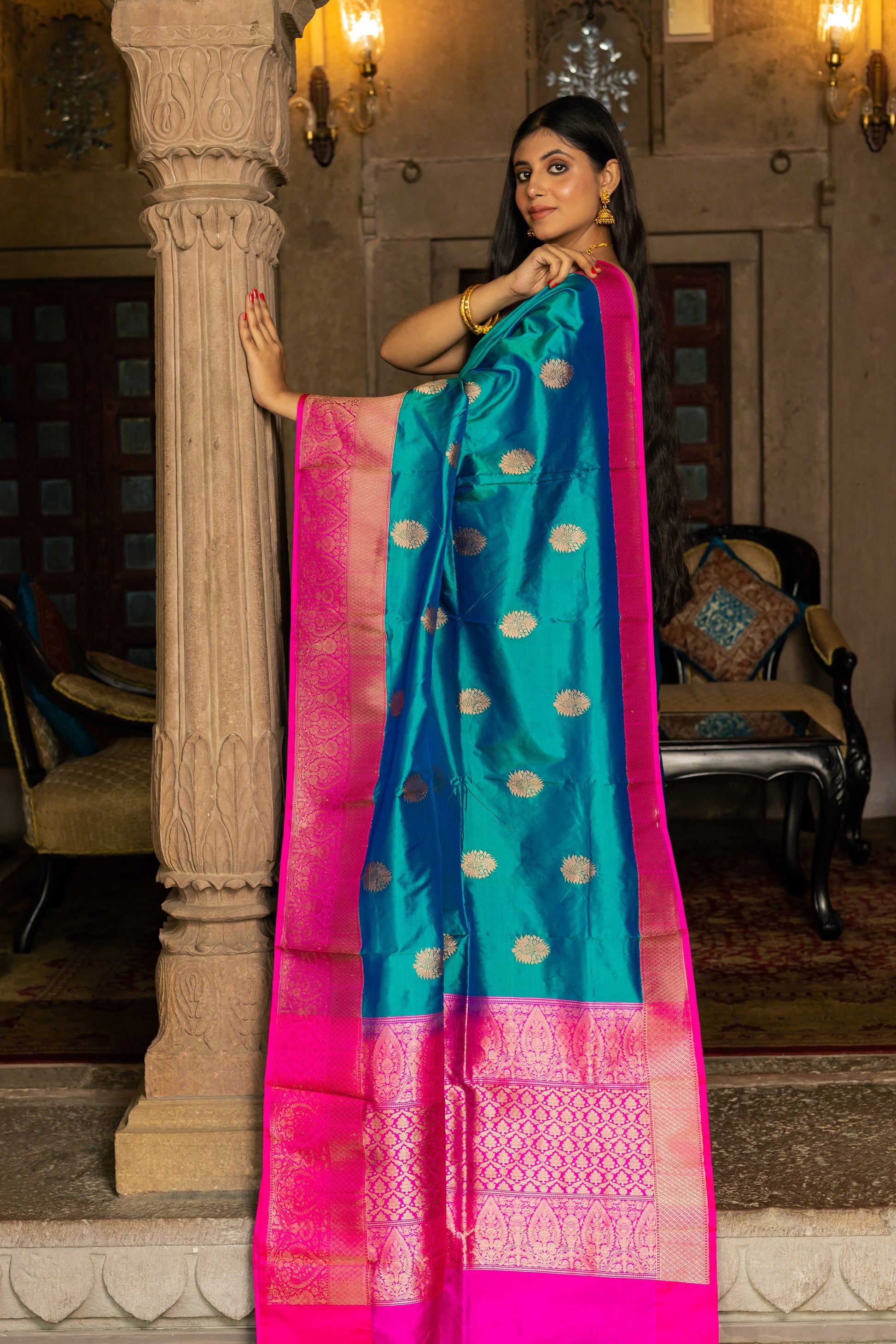 Teal Blue Handwoven Kadwa Katan Silk Saree - Panaya