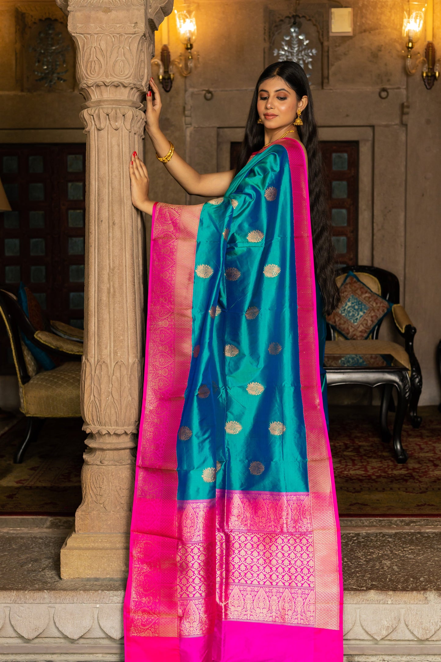 Teal Blue Handwoven Kadwa Katan Silk Saree - Panaya