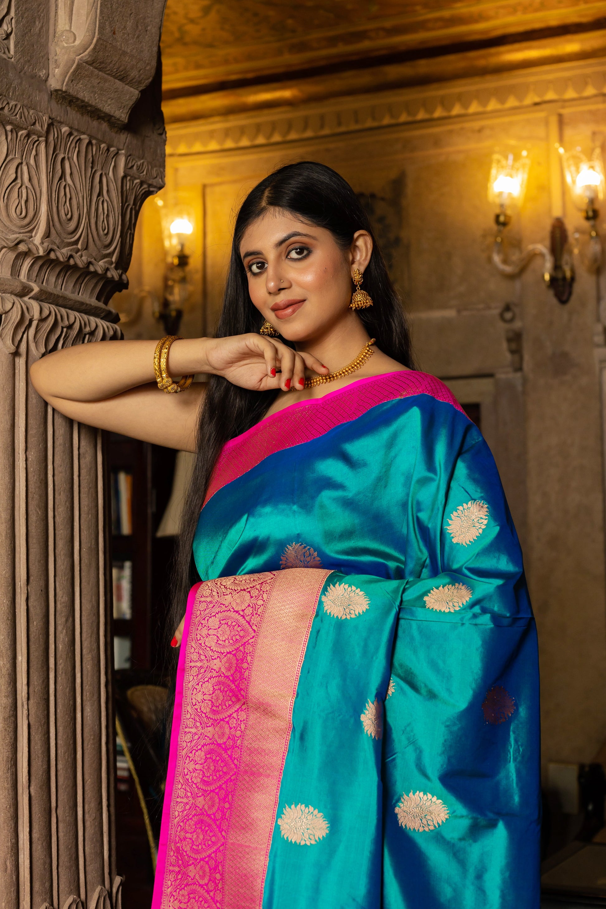 Teal Blue Handwoven Kadwa Katan Silk Saree - Panaya