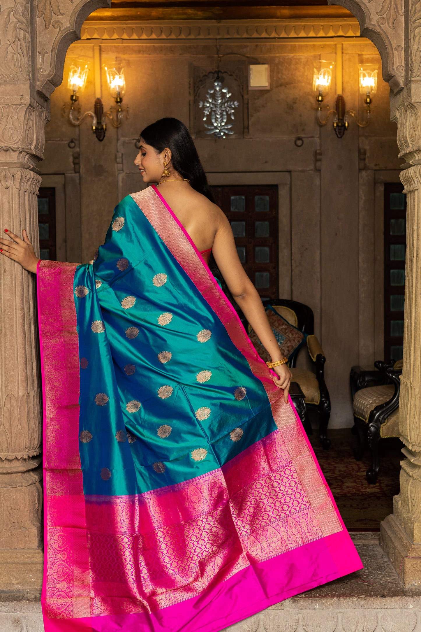 Teal Blue Handwoven Kadwa Katan Silk Saree - Panaya