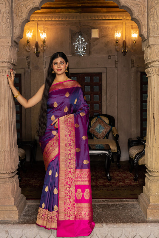Purple Handwoven Kadwa Katan Silk Saree - Panaya
