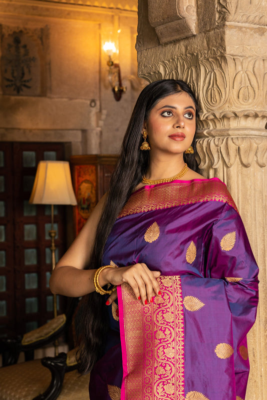 Purple Handwoven Kadwa Katan Silk Saree - Panaya