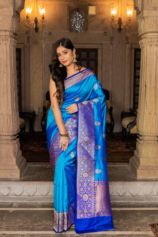 Royal Blue Handwoven Kadwa Katan Silk Saree - Panaya