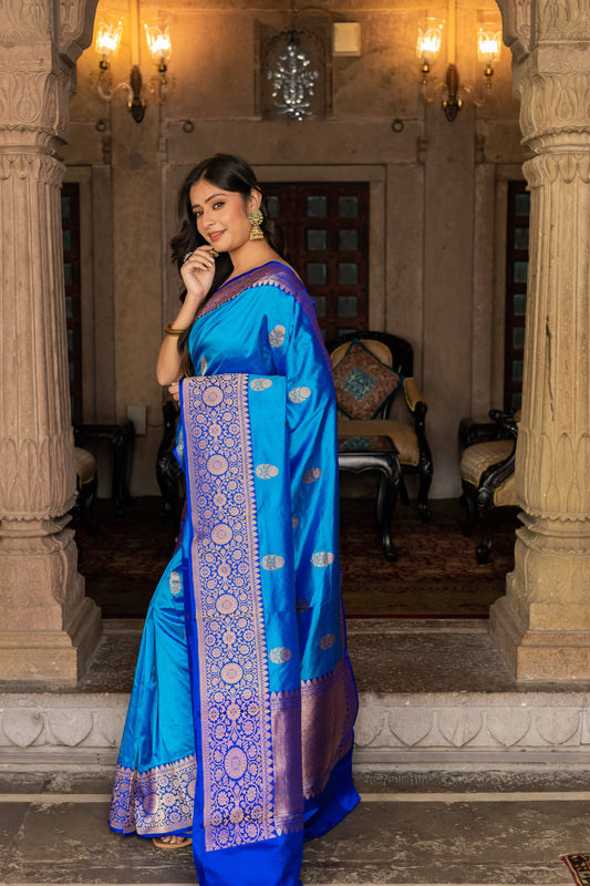 Royal Blue Handwoven Kadwa Katan Silk Saree - Panaya