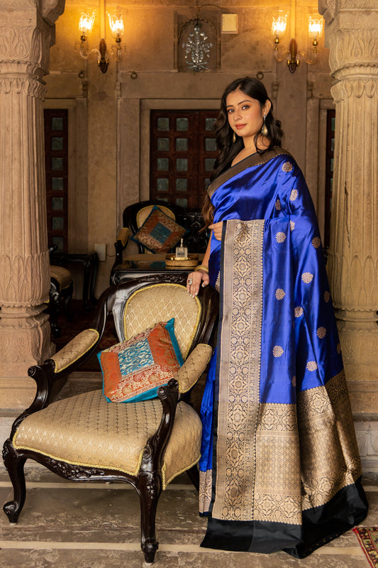 Royal Blue Handwoven Kadwa Katan Silk Saree - Panaya