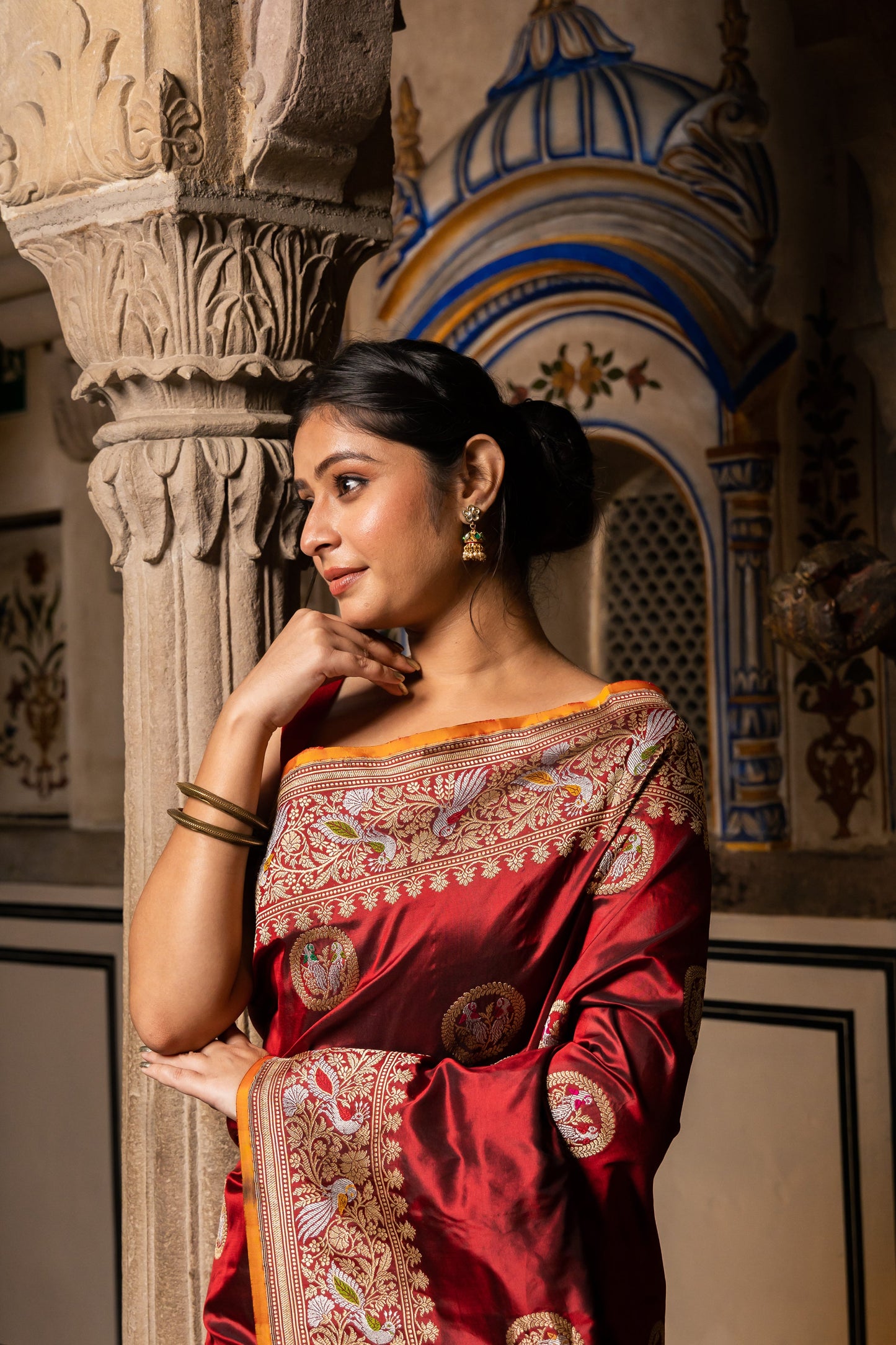 Maroon Handwoven Kadwa Katan Silk Saree - Panaya