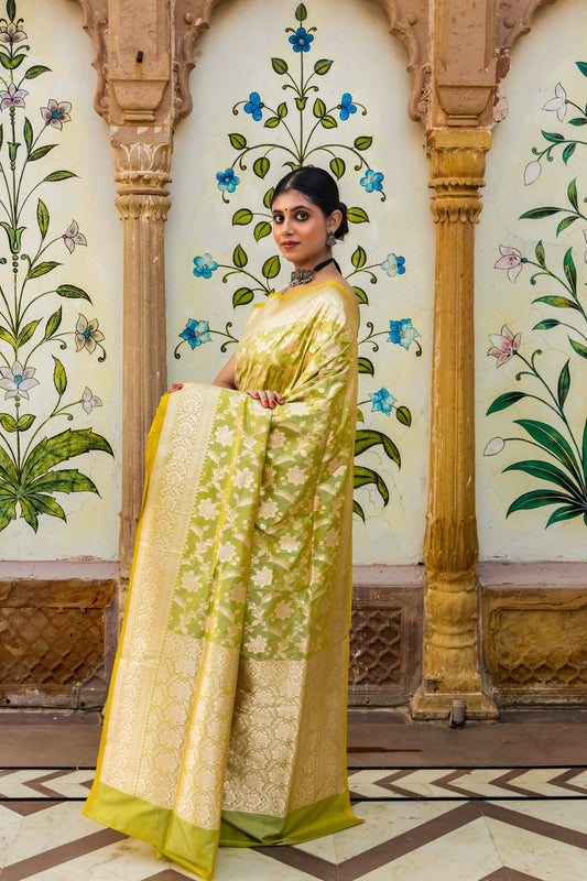 Pista Green Handwoven Cutwork Katan Silk Saree - Panaya