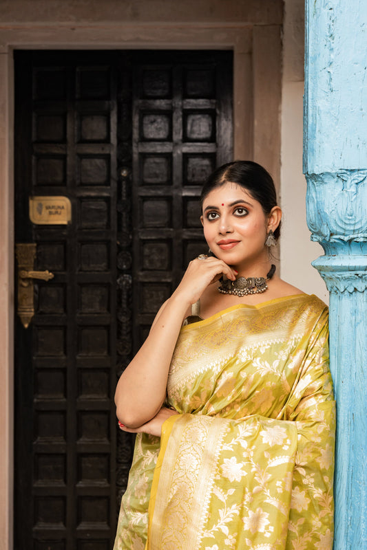 Pista Green Handwoven Cutwork Katan Silk Saree - Panaya