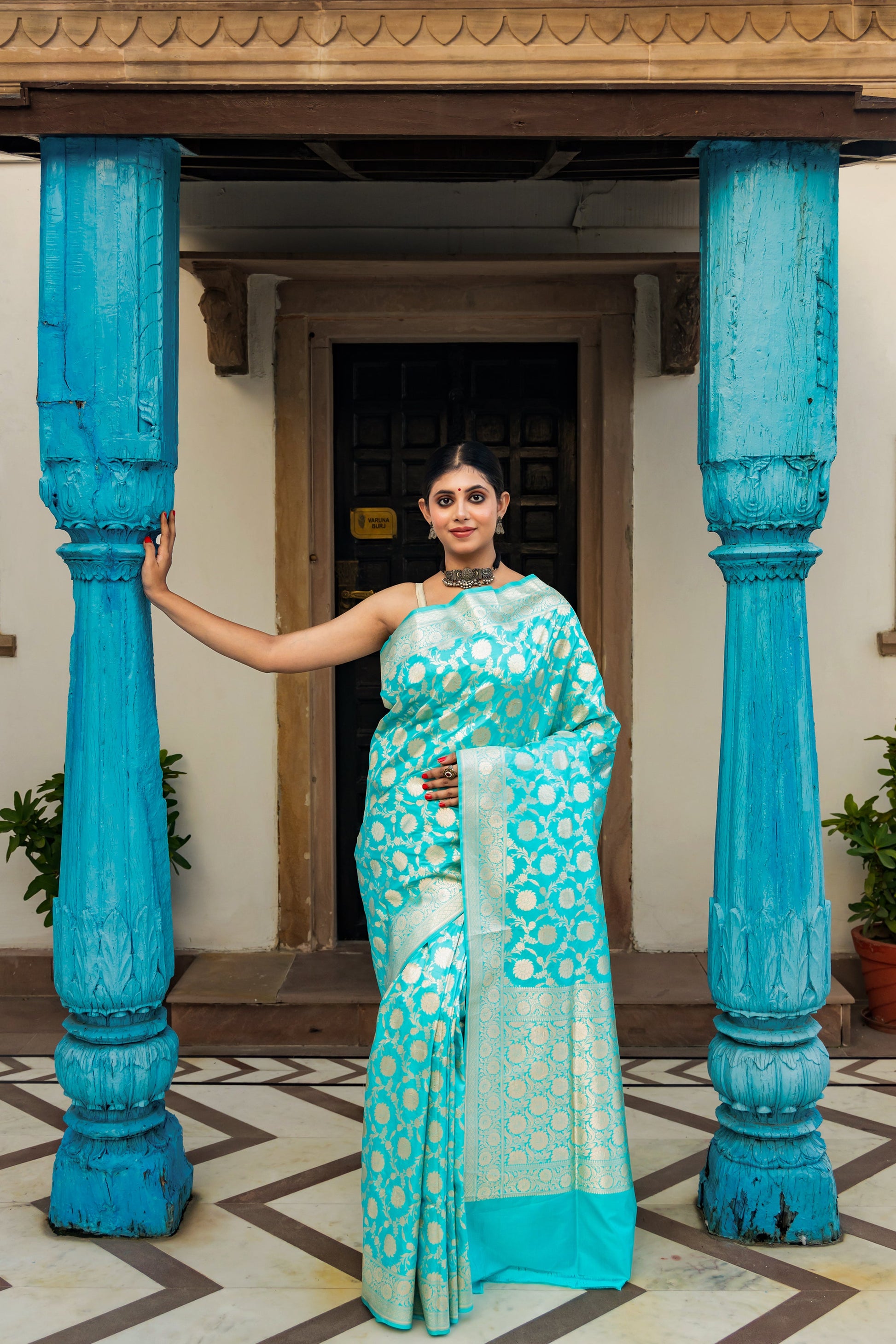 Teal Handwoven Cutwork Katan Silk Saree - Panaya