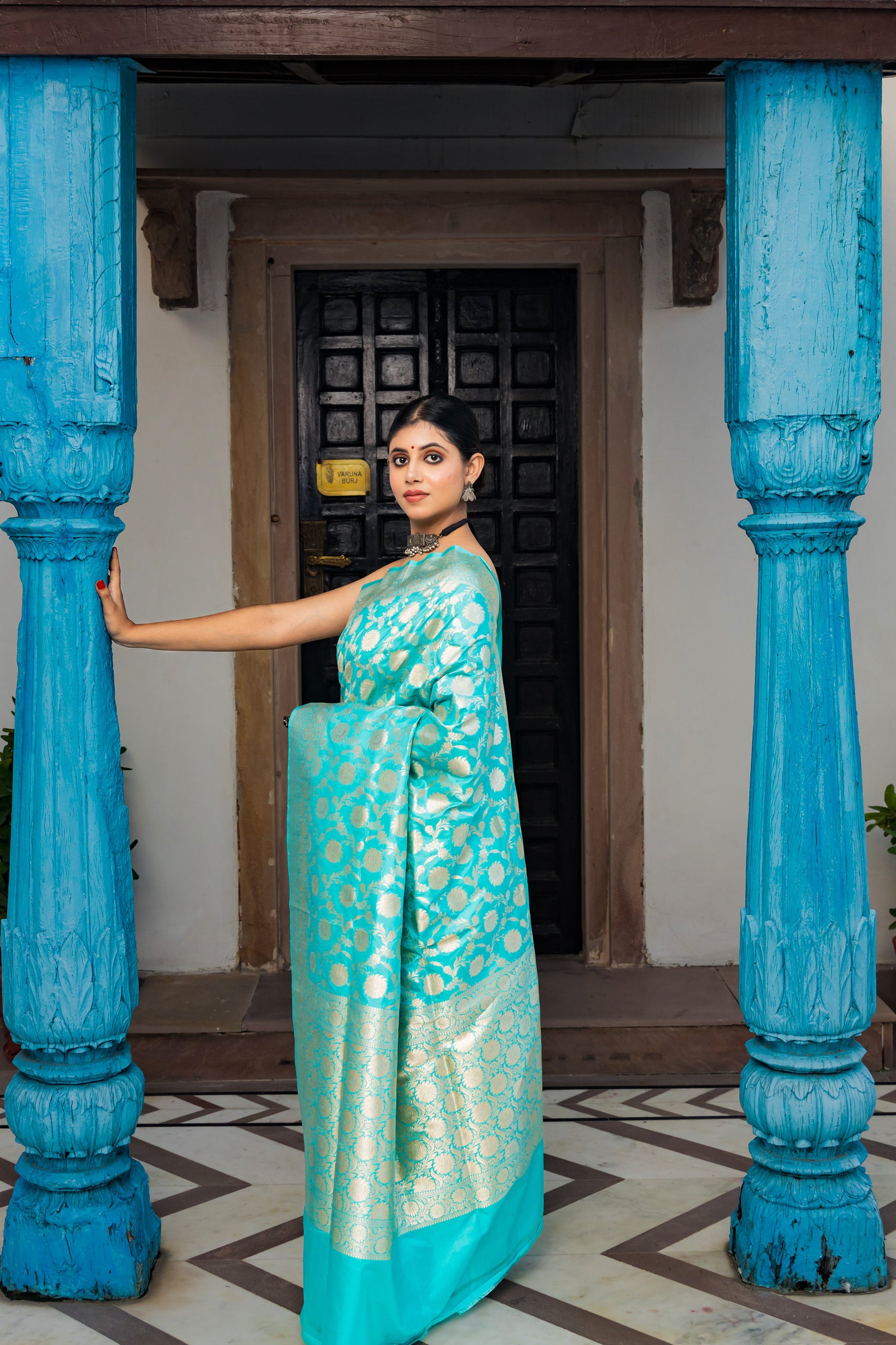 Teal Handwoven Cutwork Katan Silk Saree - Panaya