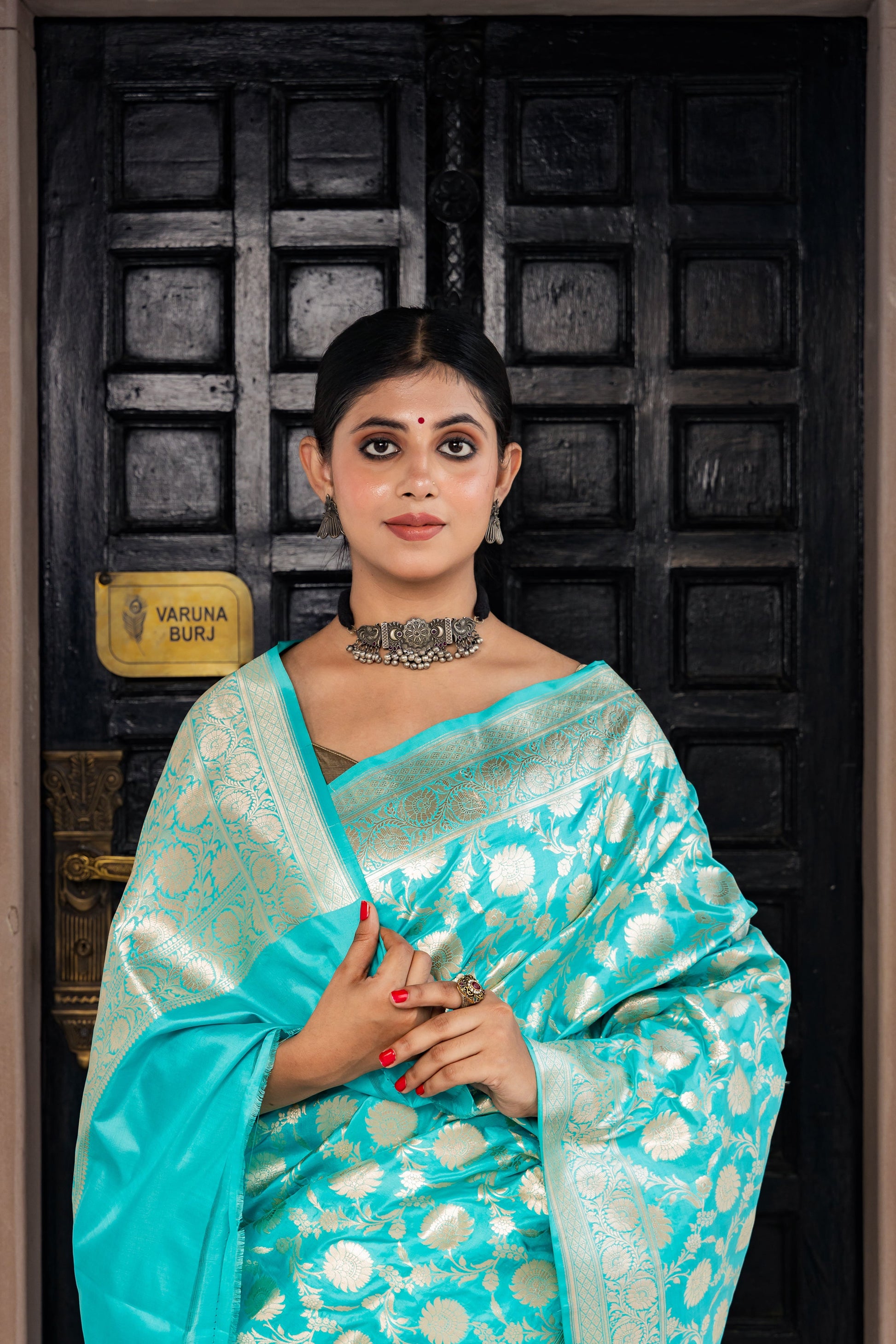 Teal Handwoven Cutwork Katan Silk Saree - Panaya