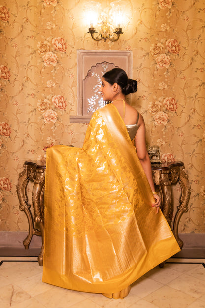 Yellow Handwoven Cutwork Katan Silk Saree - Panaya