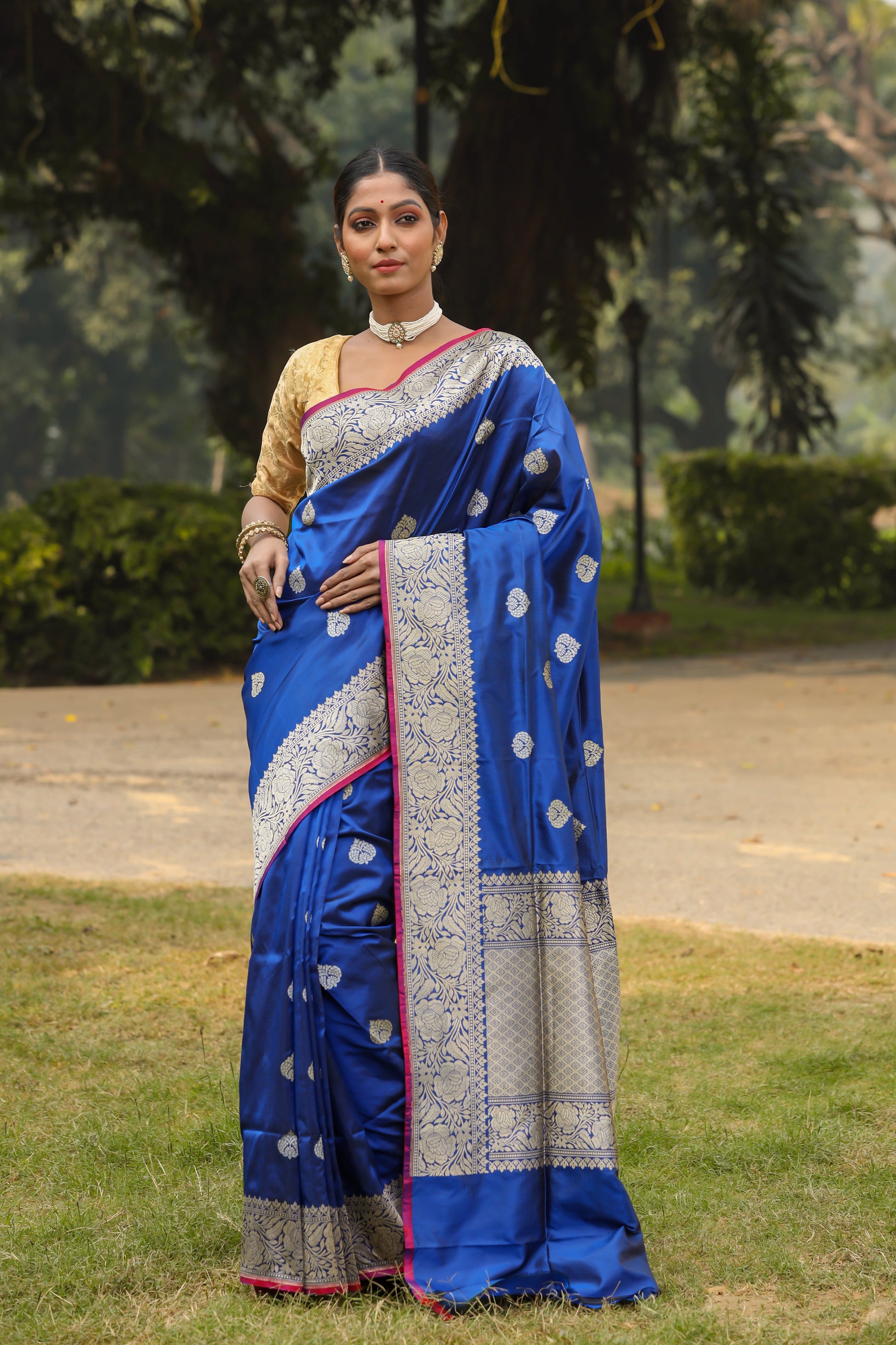 Royal Blue Katan Pure Silk Kadwa Saree - Panaya