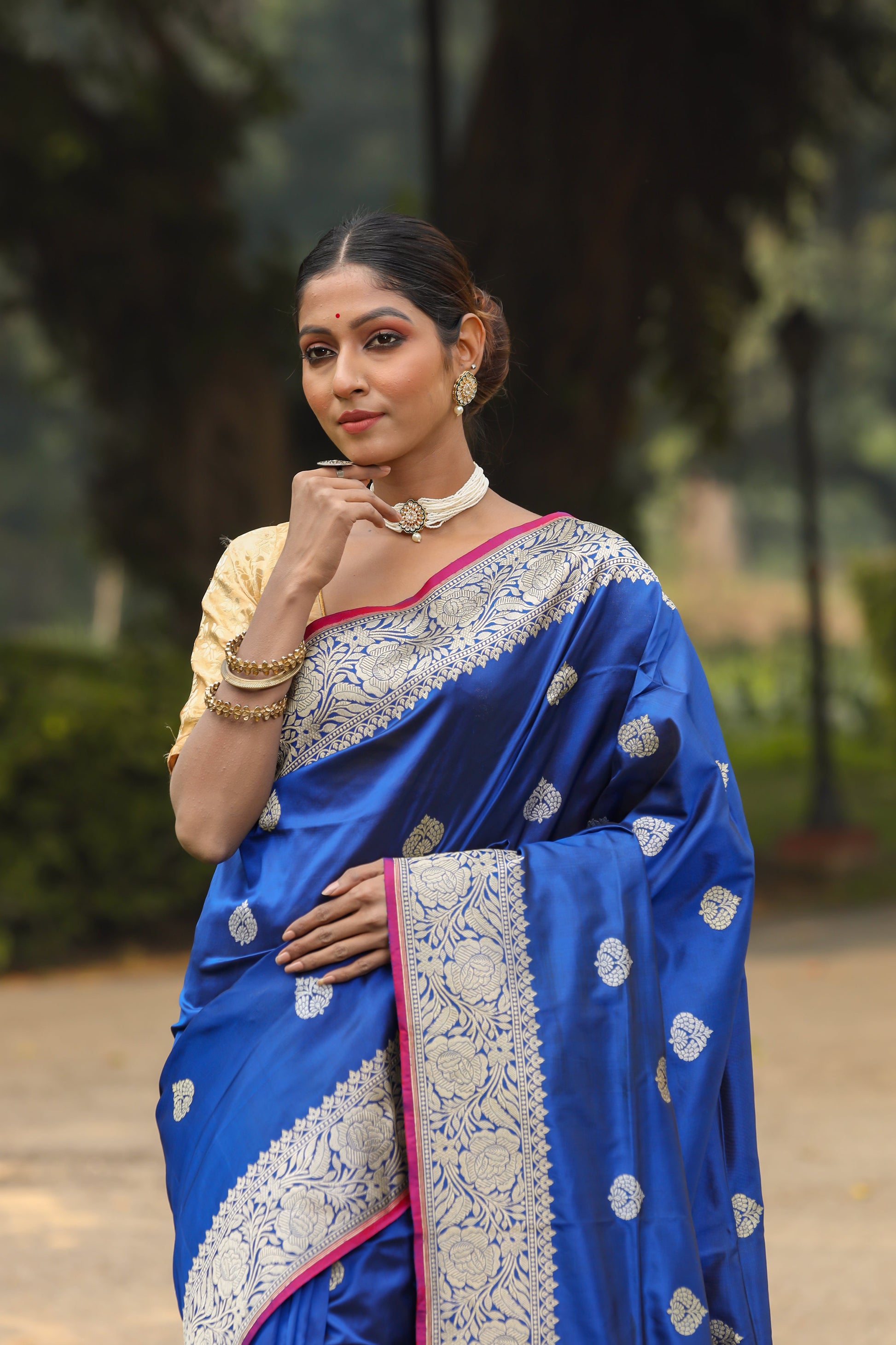 Royal Blue Katan Pure Silk Kadwa Saree - Panaya