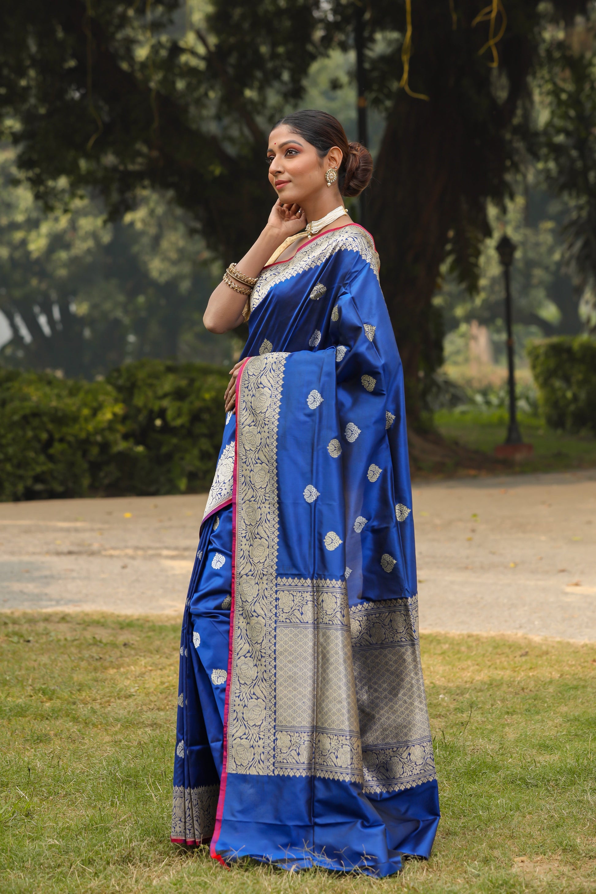 Royal Blue Katan Pure Silk Kadwa Saree - Panaya