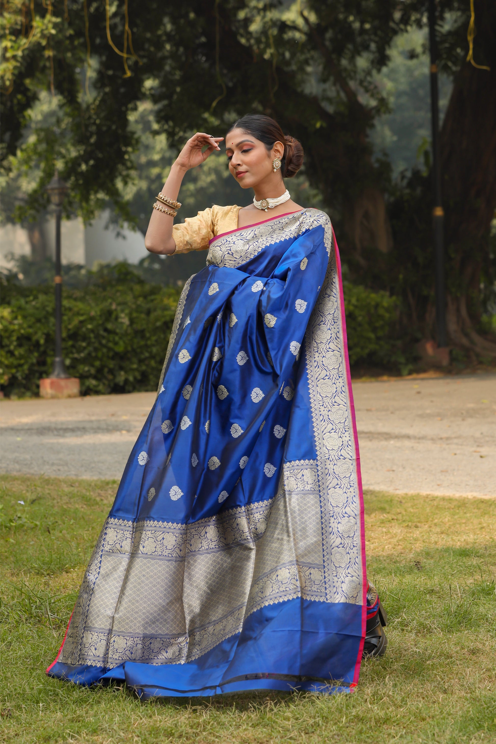 Royal Blue Katan Pure Silk Kadwa Saree - Panaya