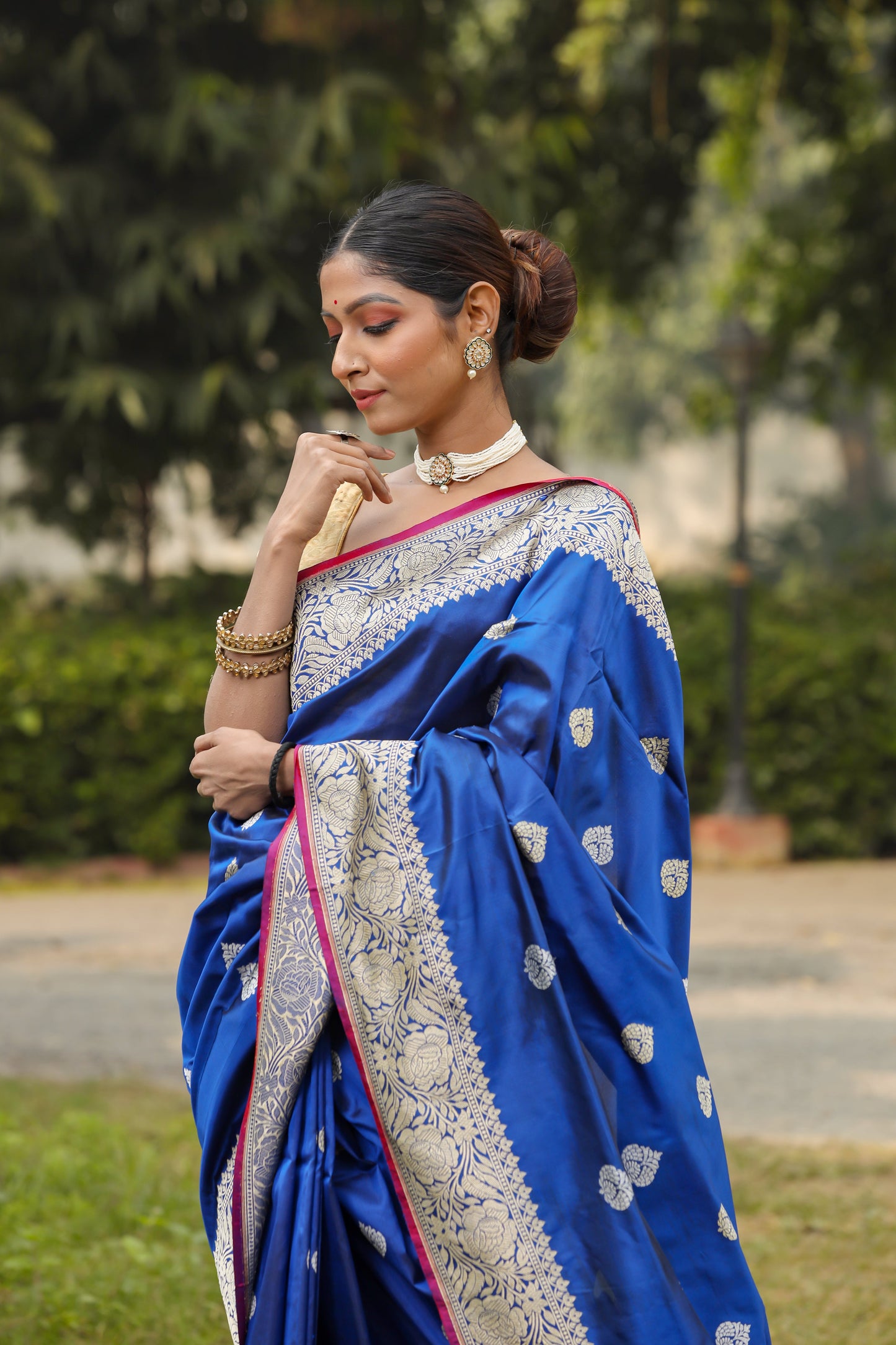Royal Blue Katan Pure Silk Kadwa Saree