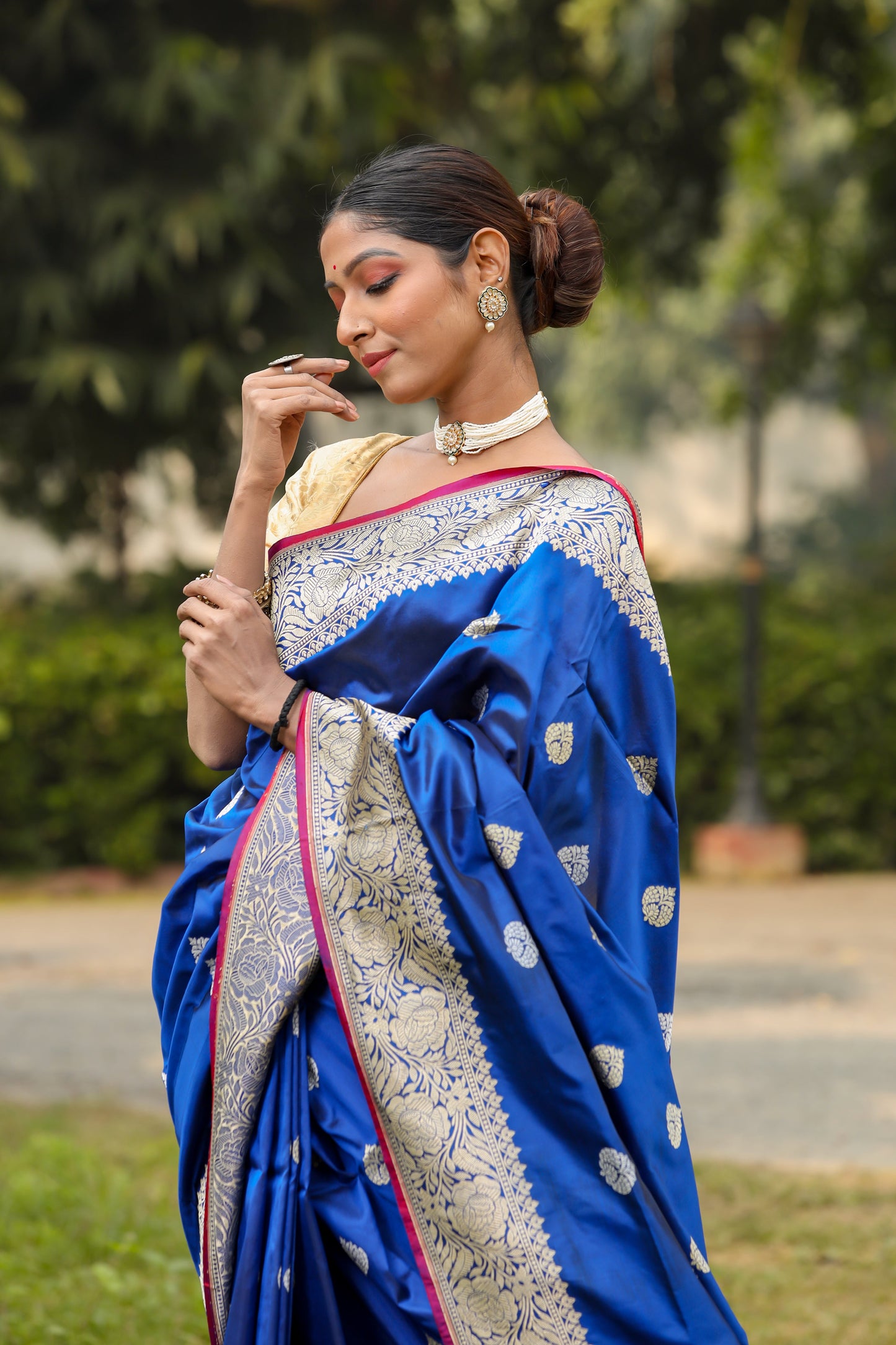 Royal Blue Katan Pure Silk Kadwa Saree - Panaya