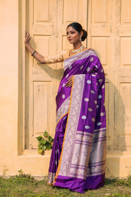 Purple Katan Pure Silk Kadwa Saree - Panaya