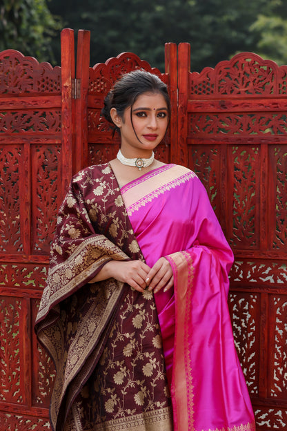 Rani Pink Katan Pure Silk Kadwa Saree