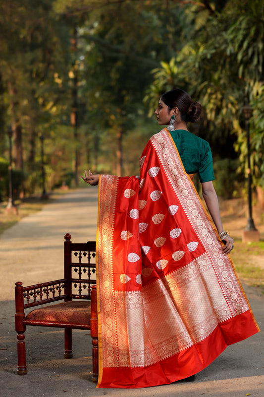 Rust Katan Pure Silk Kadwa Saree - Panaya