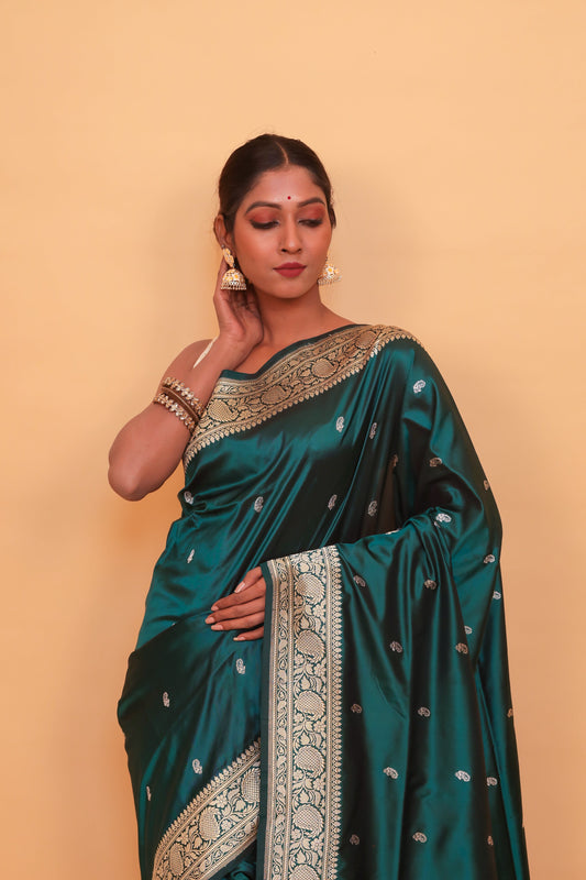 Green Katan Pure Silk Kadwa Saree - Panaya