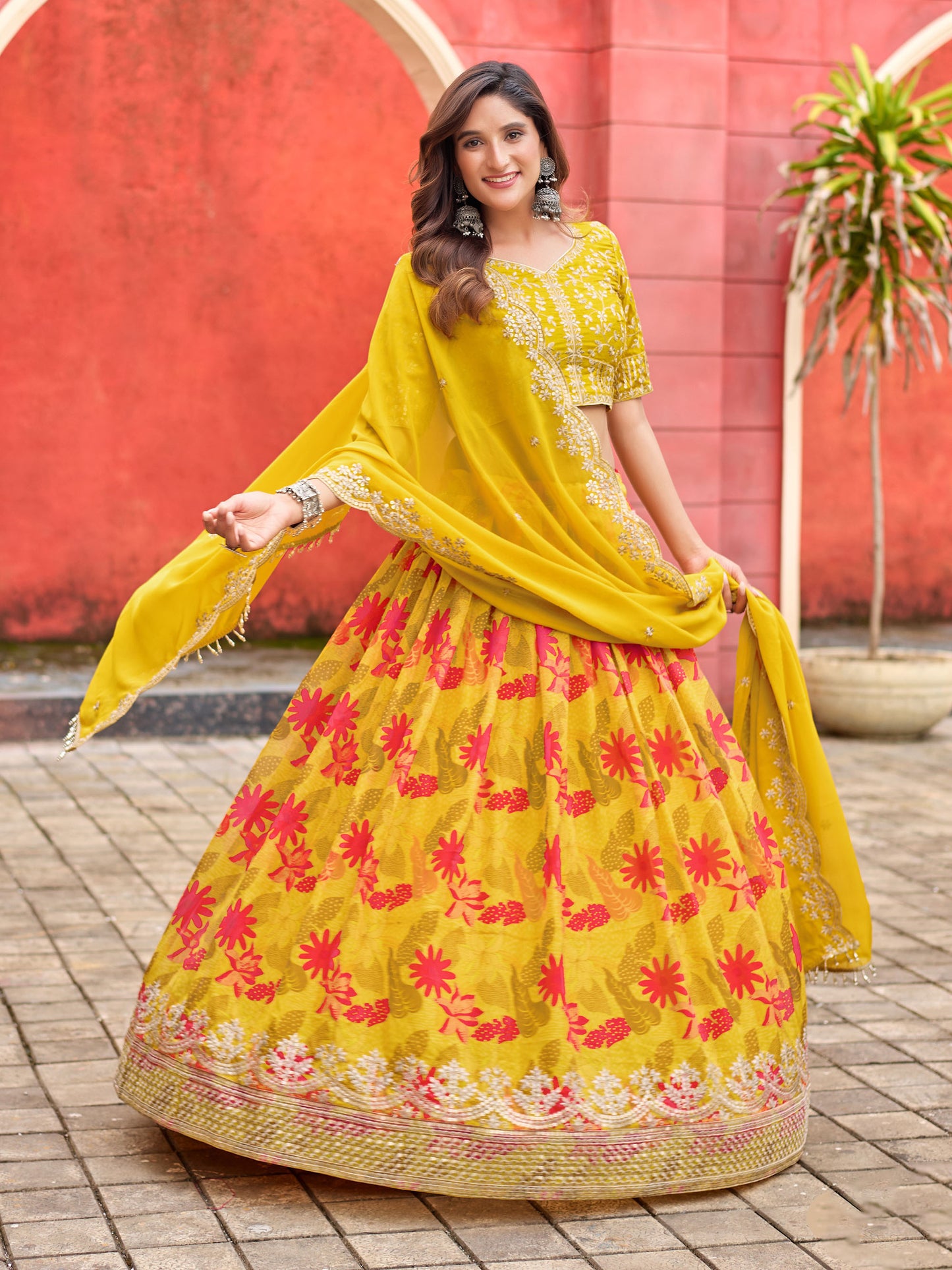 Yellow Art Silk Printed Haldi Lehenga for Wedding Guest