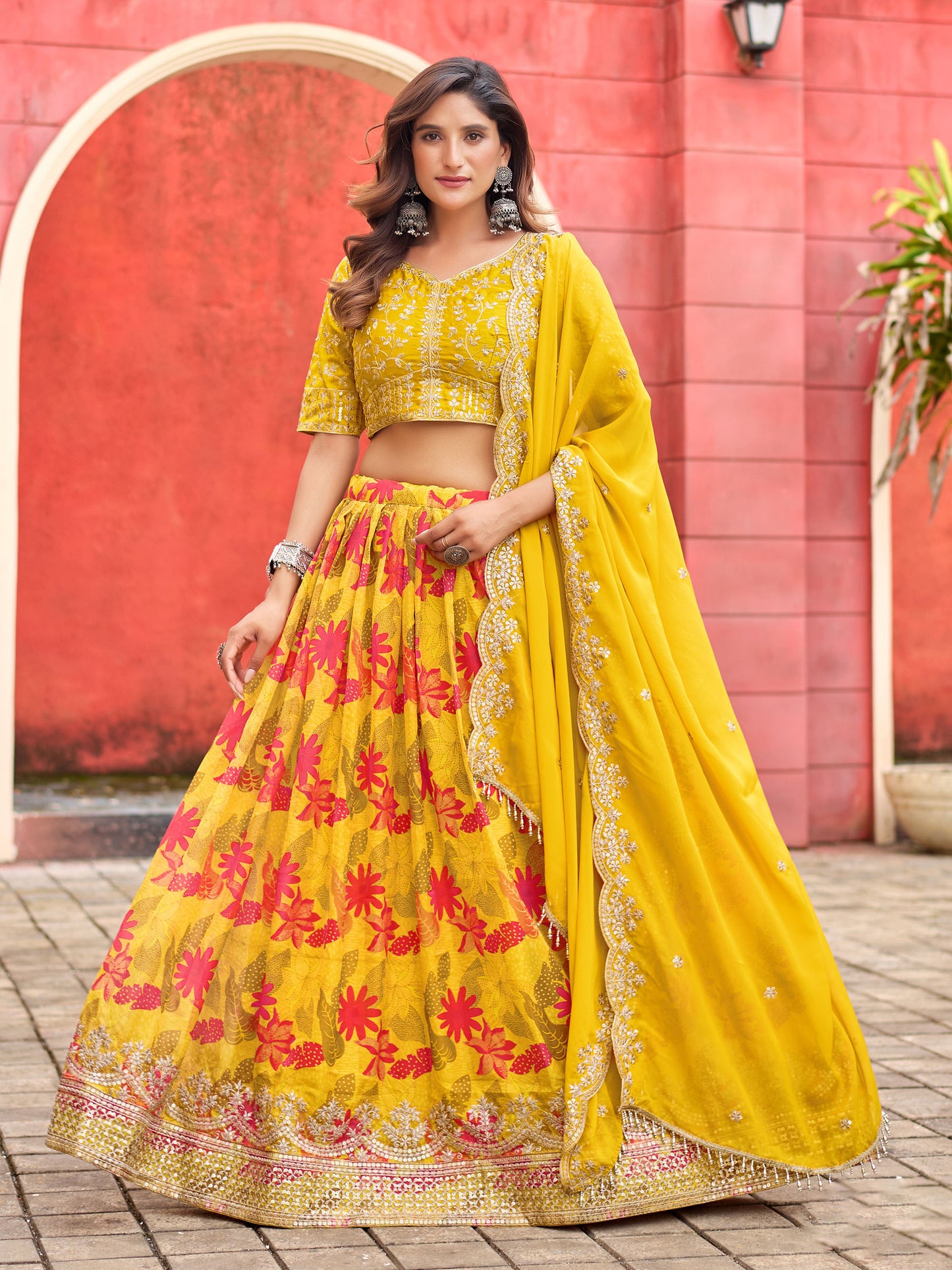 Yellow Art Silk Printed Haldi Lehenga for Wedding Guest