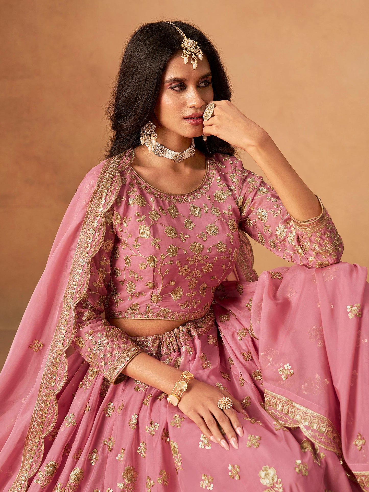 Light Pink Organza Sequins Embroidered Lehenga for Sangeet